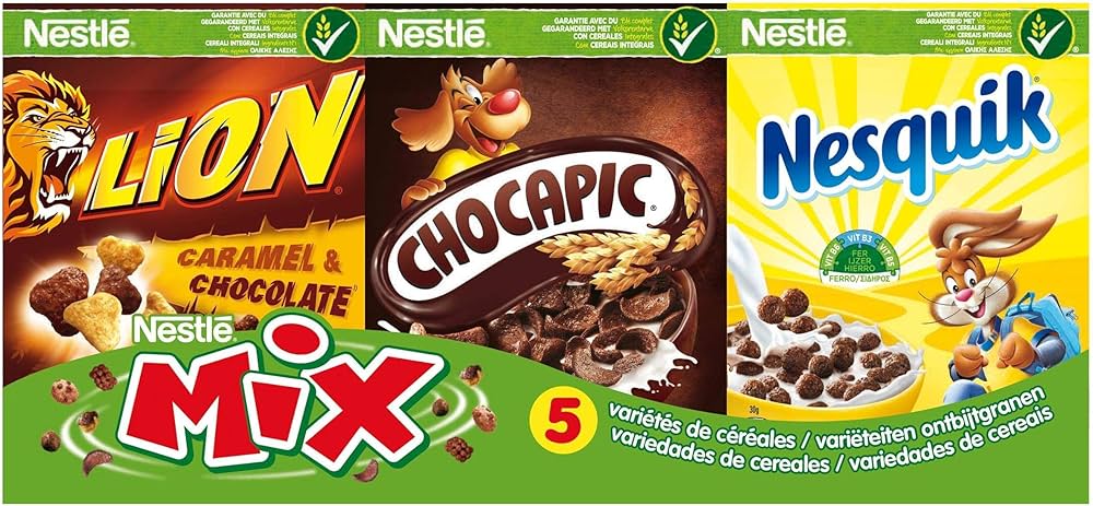 Nestlé Assortiment de 5 variétés de céréales, Lion, Chocapic, Nesquik, Chokella, Cookie Crisp - Les 6 mini paquets, 190g
